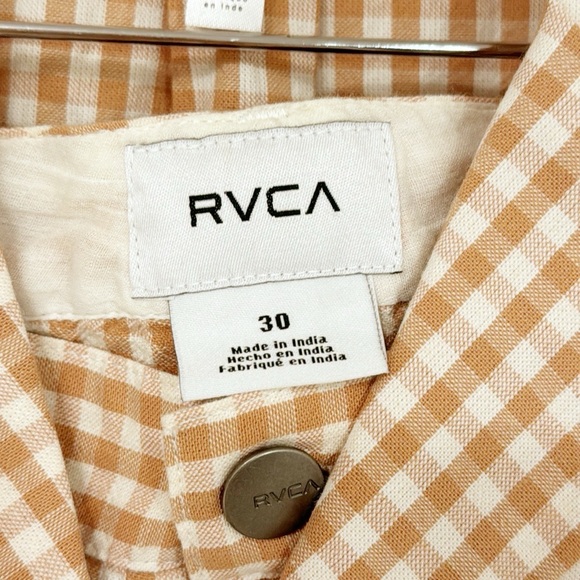 RVCA New Gingham Set Shirt & Pants Mustard/Tan color NWT Size 30 Pants Top Large - Picture 5 of 10